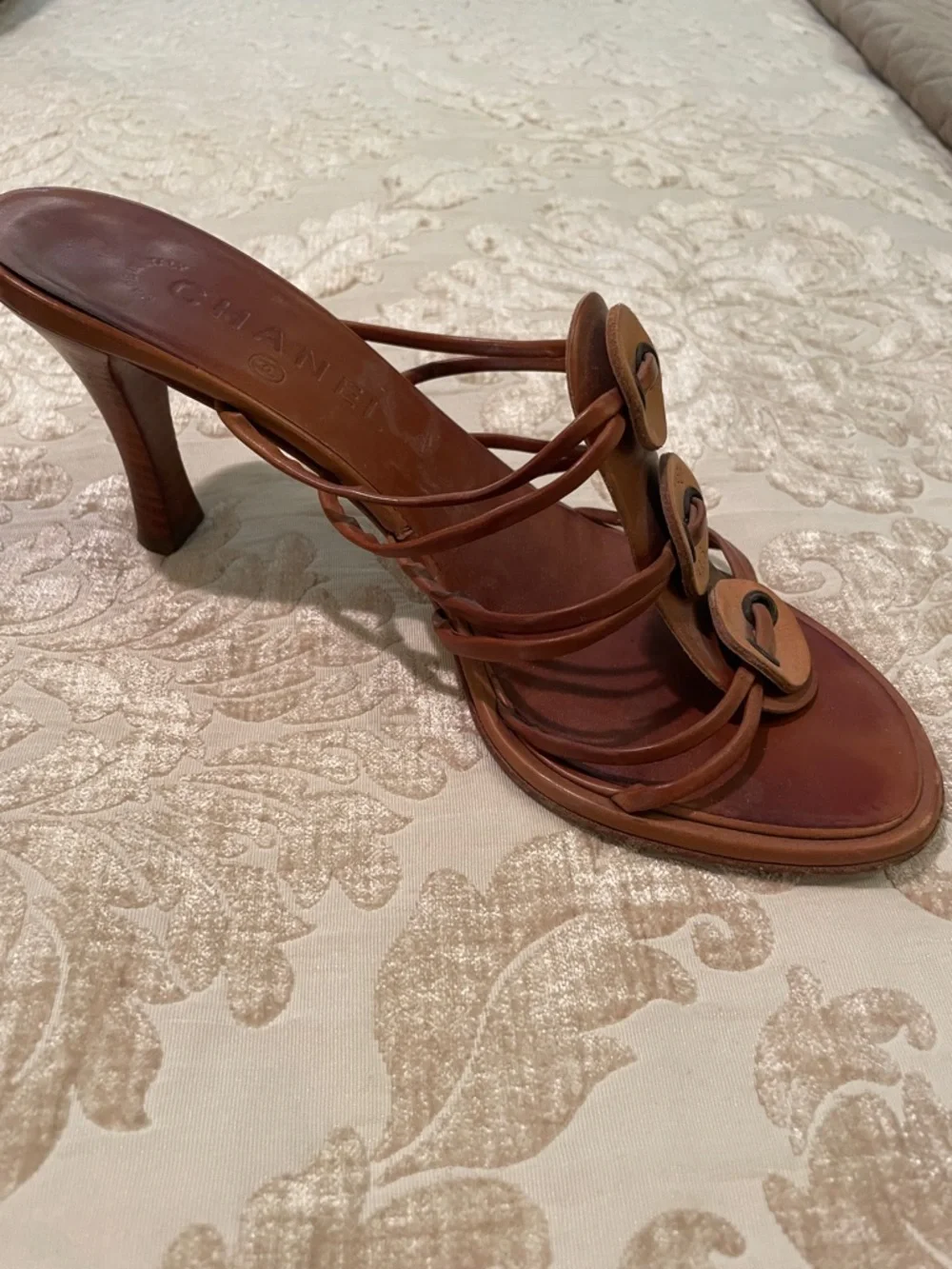 CHANEL Brown Leather Strappy Slide Heels with Decorative Buttons